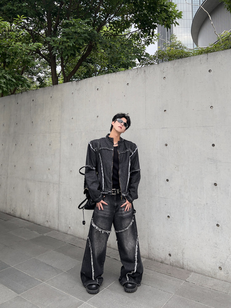 Patchwork Raw Edge Shoulder-Pad Short Jacket & Patchwork Straight Denim Jeans Setup WN15364