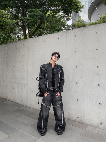 Patchwork Raw Edge Shoulder-Pad Short Jacket & Patchwork Straight Denim Jeans Setup WN15364