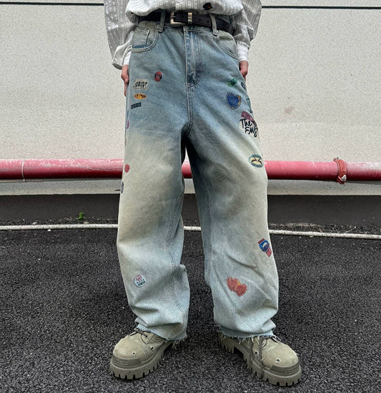 Embroidery Patch Damage Wide Leg Denim Jeans WN21158