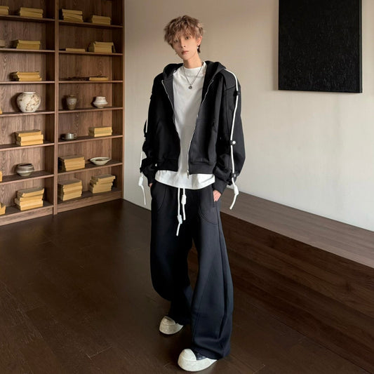 Drawstring Zipper Hoodie & Wide Leg Sweatpants Setup WN23181