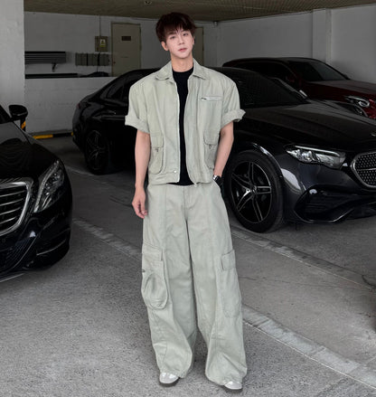 Short Sleeve Jacket & Wide Leg Cargo Pants Setup WN25320