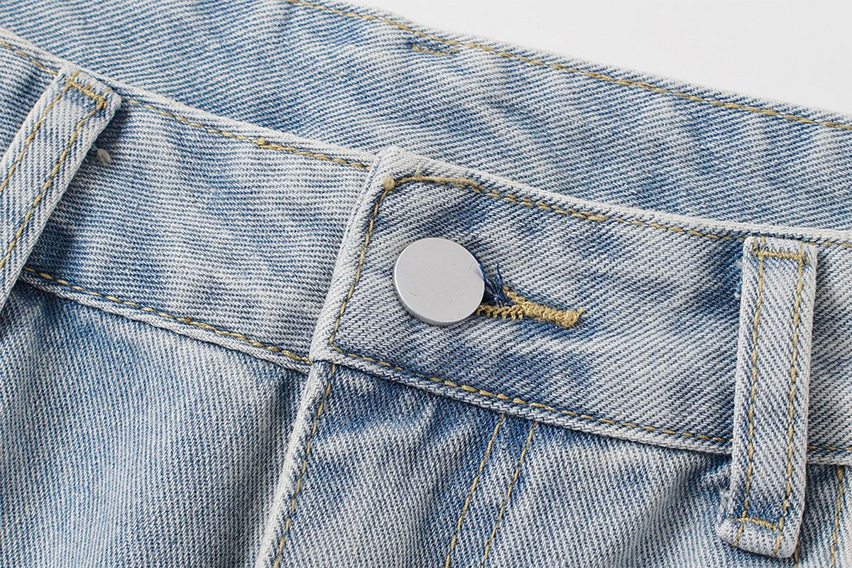Washed Whisker Damage Wide Leg Denim Jeans WN25532