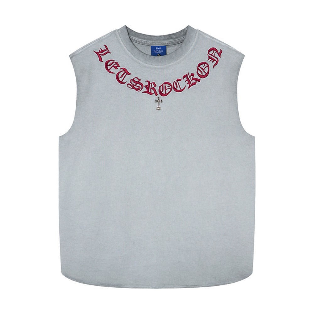 Washed Gothic Letter Embroidery Sleeveless T-Shirt WN27947