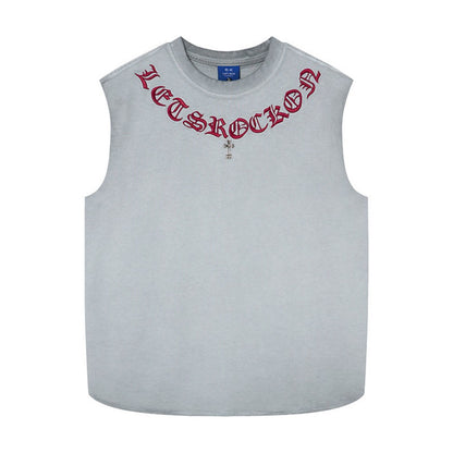 Washed Gothic Letter Embroidery Sleeveless T-Shirt WN27947