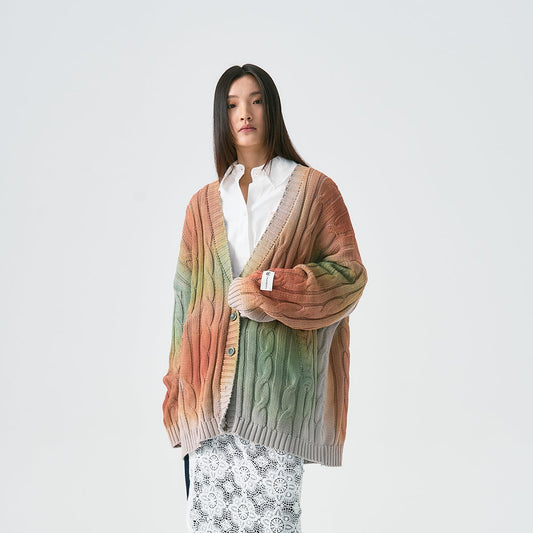 Aran Flower Weave Spray Color Knitted Cardigan WN18976