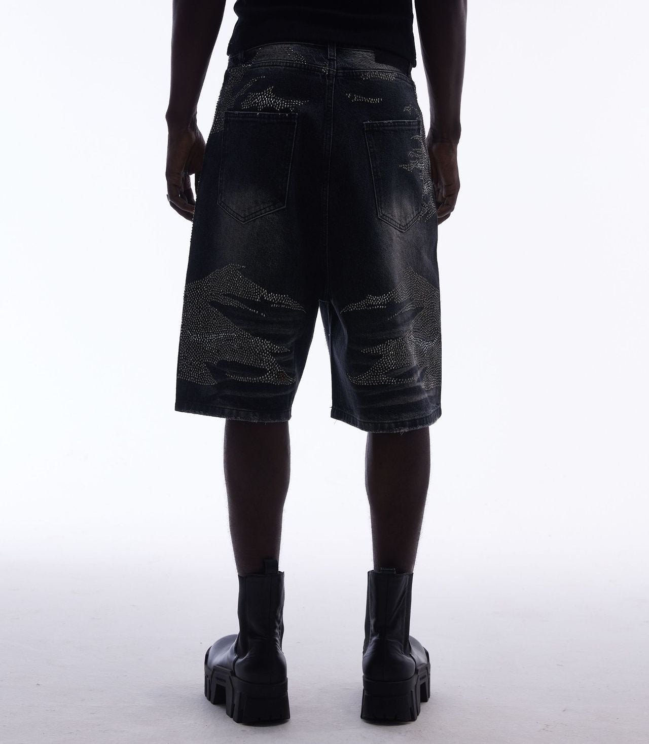 Rhinestone Camouflage Wash Denim Half Pants WN25558