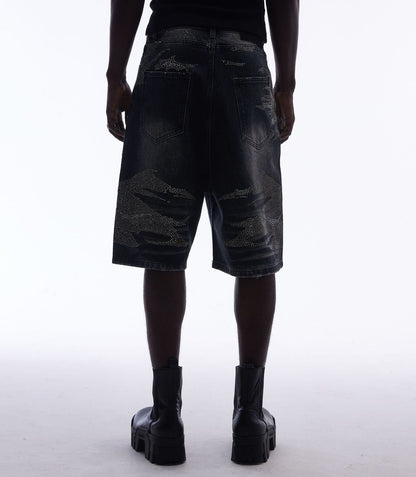 Rhinestone Camouflage Wash Denim Half Pants WN25558