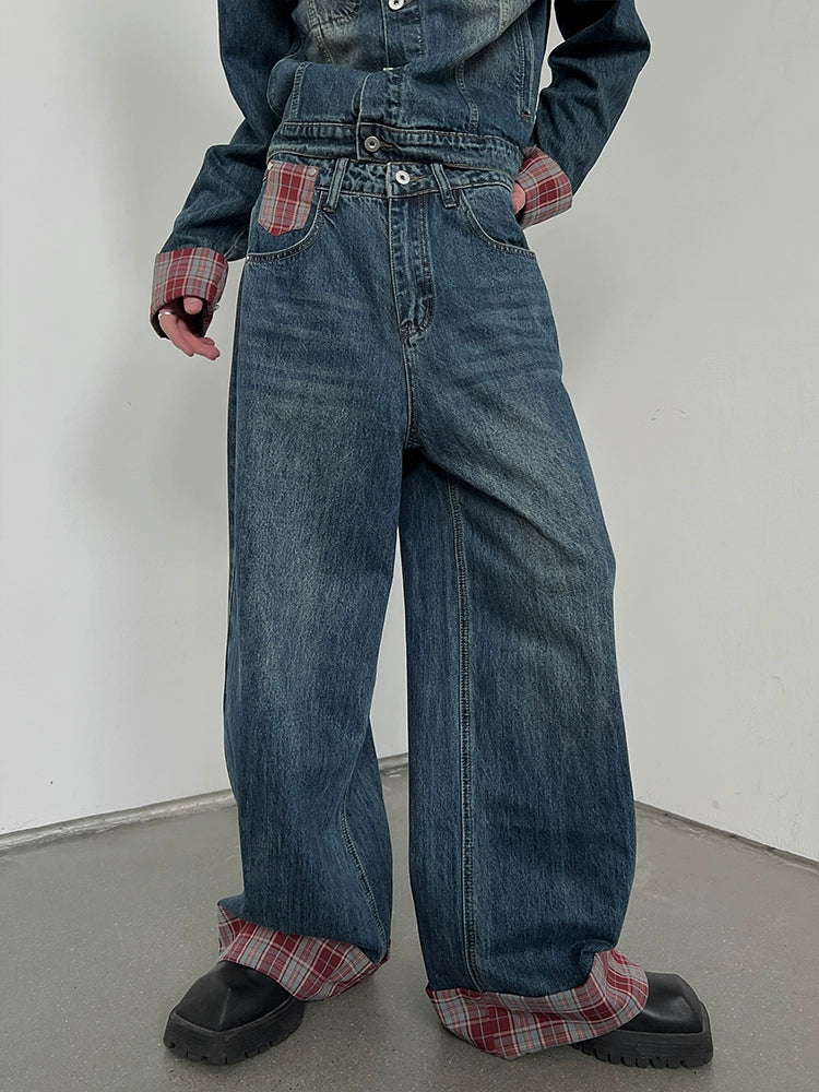 Washed Plaid Patchwork Cuffed Wide-Leg Denim Jeans WN10781