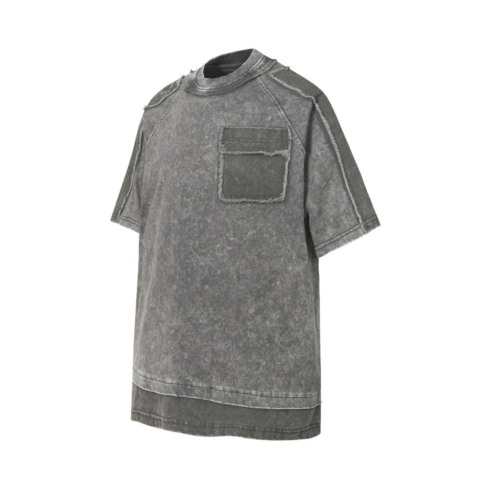 Washed Fake Layered Pocket Detail Short Sleeve T-Shirt WN28028
