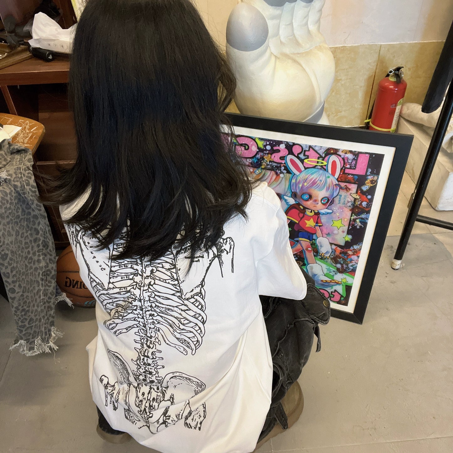 Skeleton Front and Back Print Oversize Short Sleeve T-Shirt WN16735