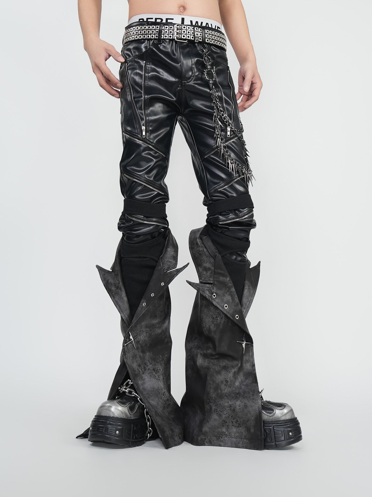 Strap Zipper Layered PU Leather Straight Pants WN24291