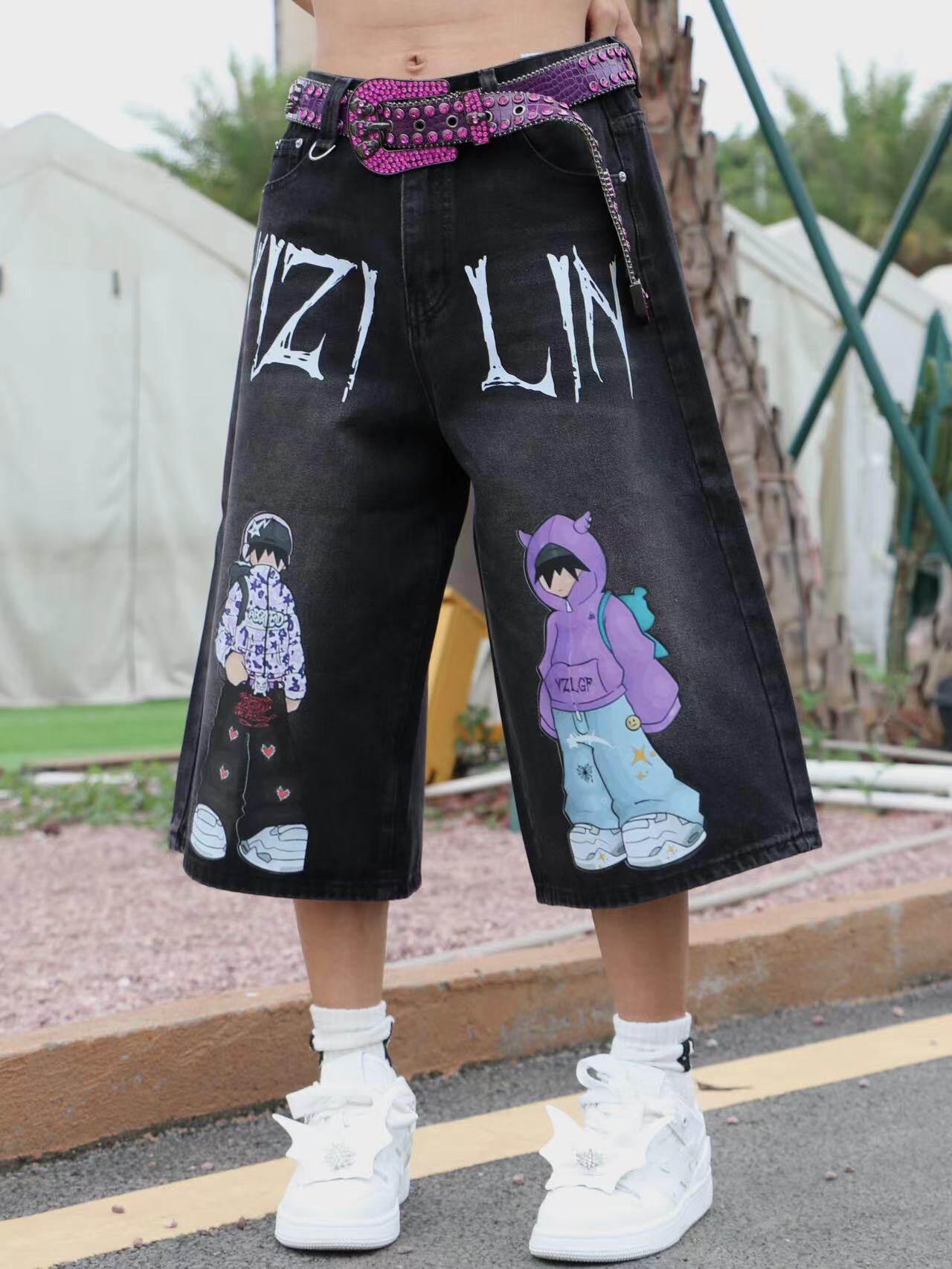 Illustration Print Wide Leg Denim Half Jeans & Denim Jeans WN24056