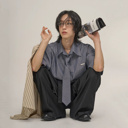 Striped Design Short Sleeve Shirt & Tie WN20265