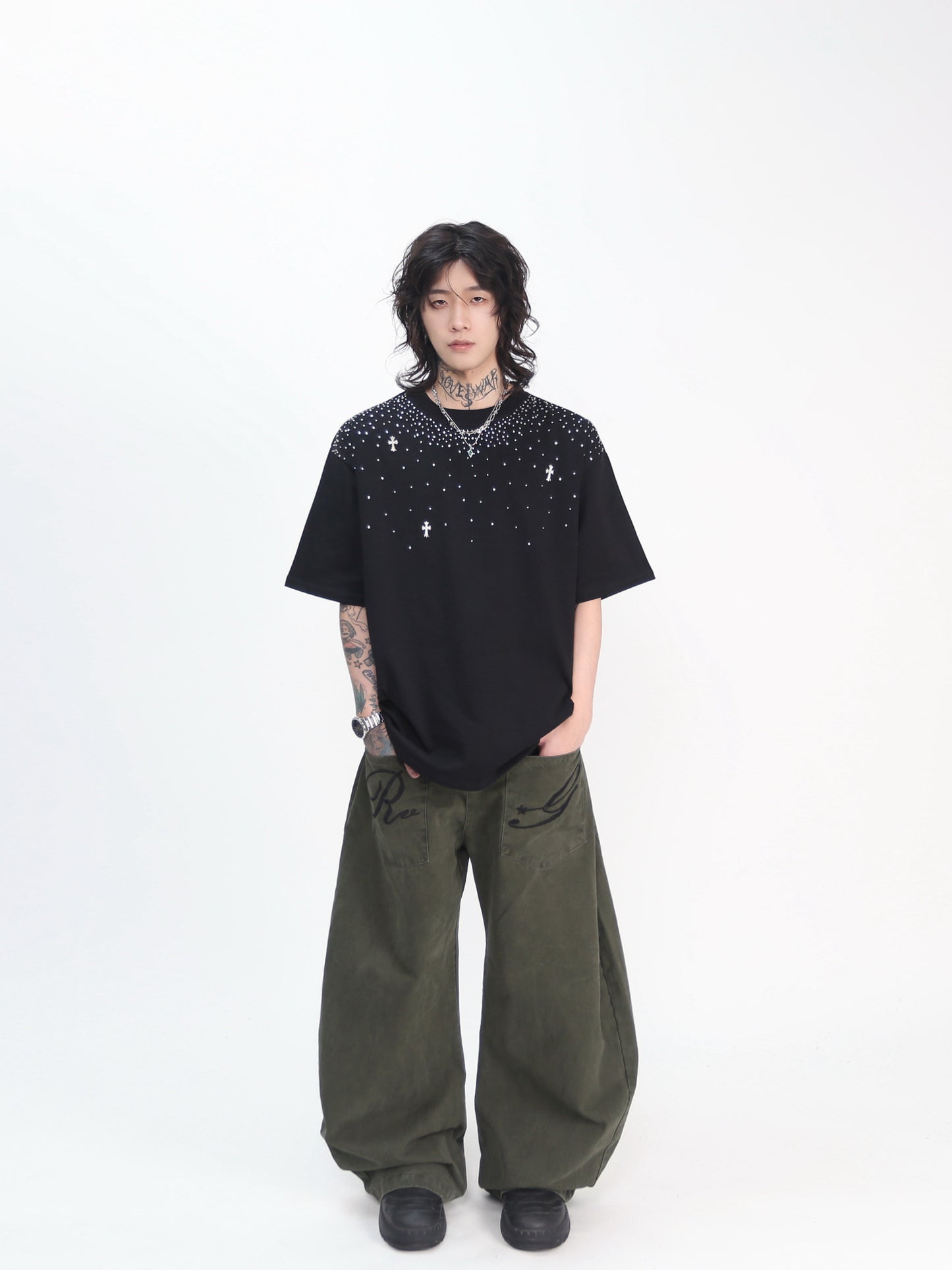Oversize Rhinestone Cross Print Short Sleeve T-Shirt WN24445