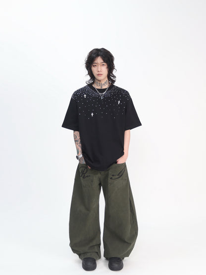 Oversize Rhinestone Cross Print Short Sleeve T-Shirt WN24445