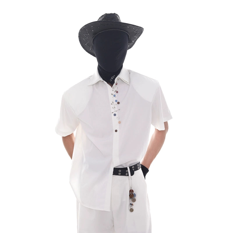 Double Collar Pin Decor Shoulder-Pad Short Sleeve Shirt & Ttrousers Setup WN18621