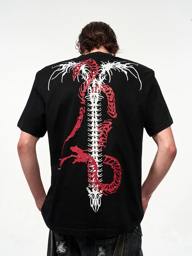 Studs Spine Snake Tie-Dye Shoulder-pad Short Sleeve T-Shirt WN16589