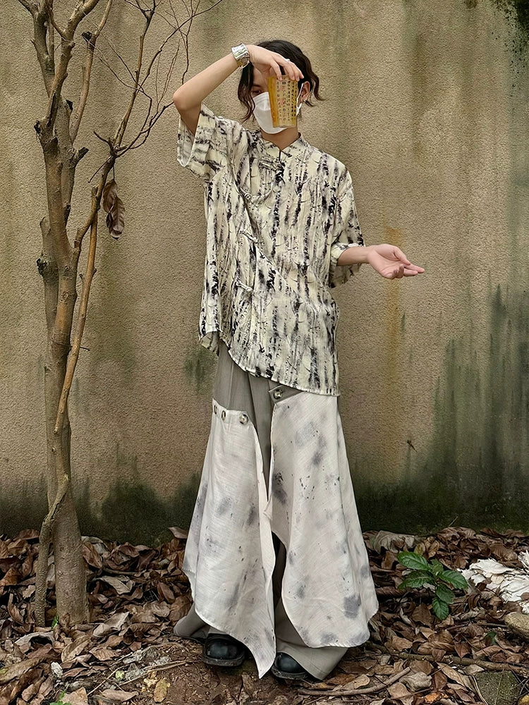 Tie-Dye Frog Button Standing-Collar Short Sleeve Shirt WN19977