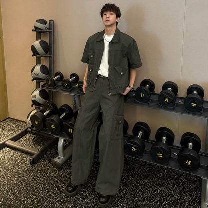 Pocket Short Sleeve Jacket & Wide Leg Cargo Pants Setup WN25342