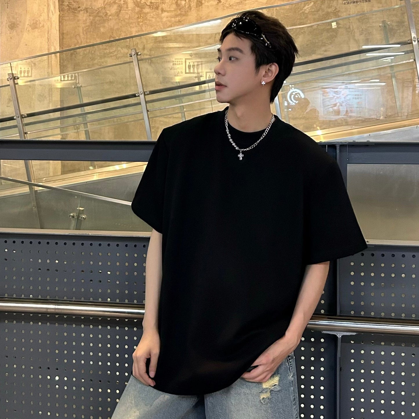 Heavyweight Detachable Shoulder-pad Oversize Short Sleeve T-Shirt WN25259