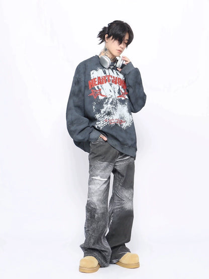 Graffiti Print Washed Round Neck Oversize Sweatshirt WN10896