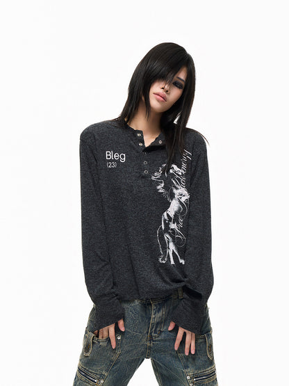 Henley Neck Horse Print Regular Shoulder Long Sleeve T-Shirt WN27329