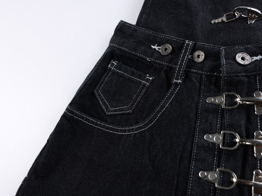 Detachable Suspender Buckle High Waist Wide Leg Denim Jeans WN28001