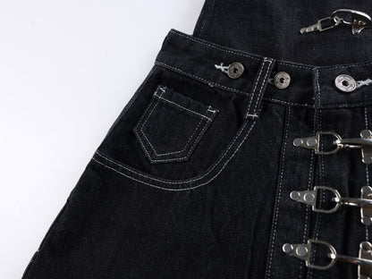 Detachable Suspender Buckle High Waist Wide Leg Denim Jeans WN28001