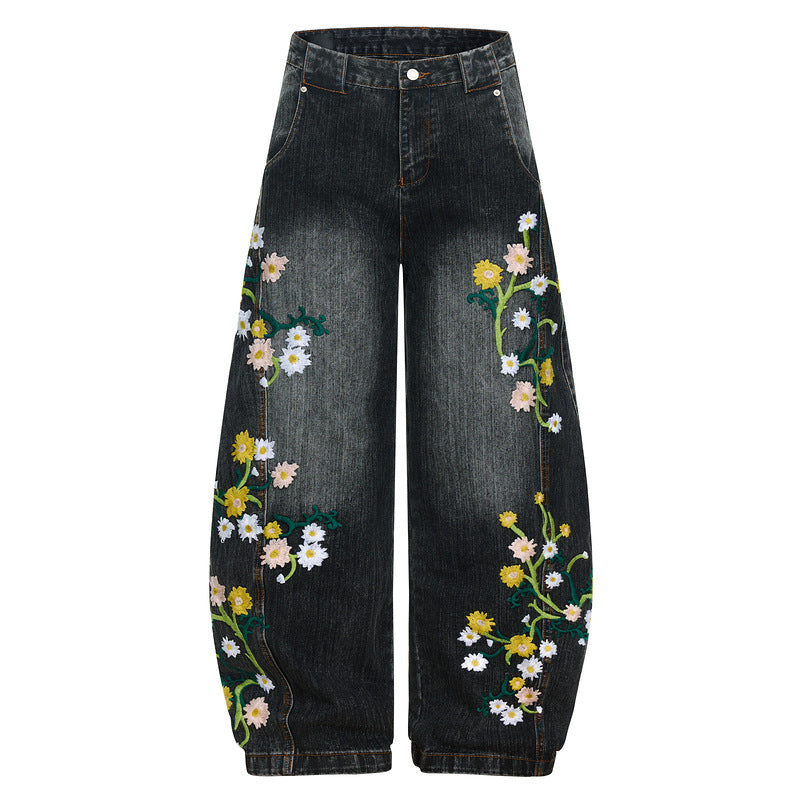 Floral Embroidery Wide Leg Denim Jeans WN23570