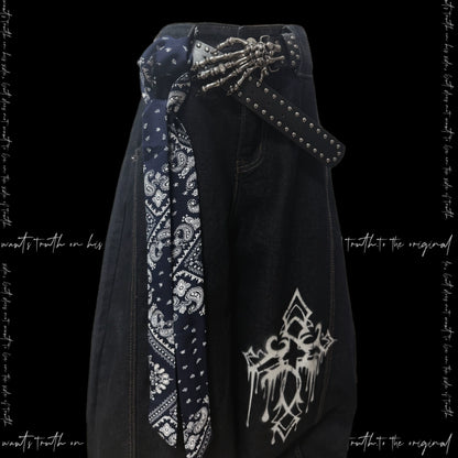 Ink Drop Thorn Scimitar Cross Wide Leg Denim Jeans & Skull Belt & Scarf WN20120