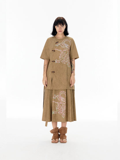 Chinese Style Dragon Embroidery Short Sleeve T-Shirt WN18860