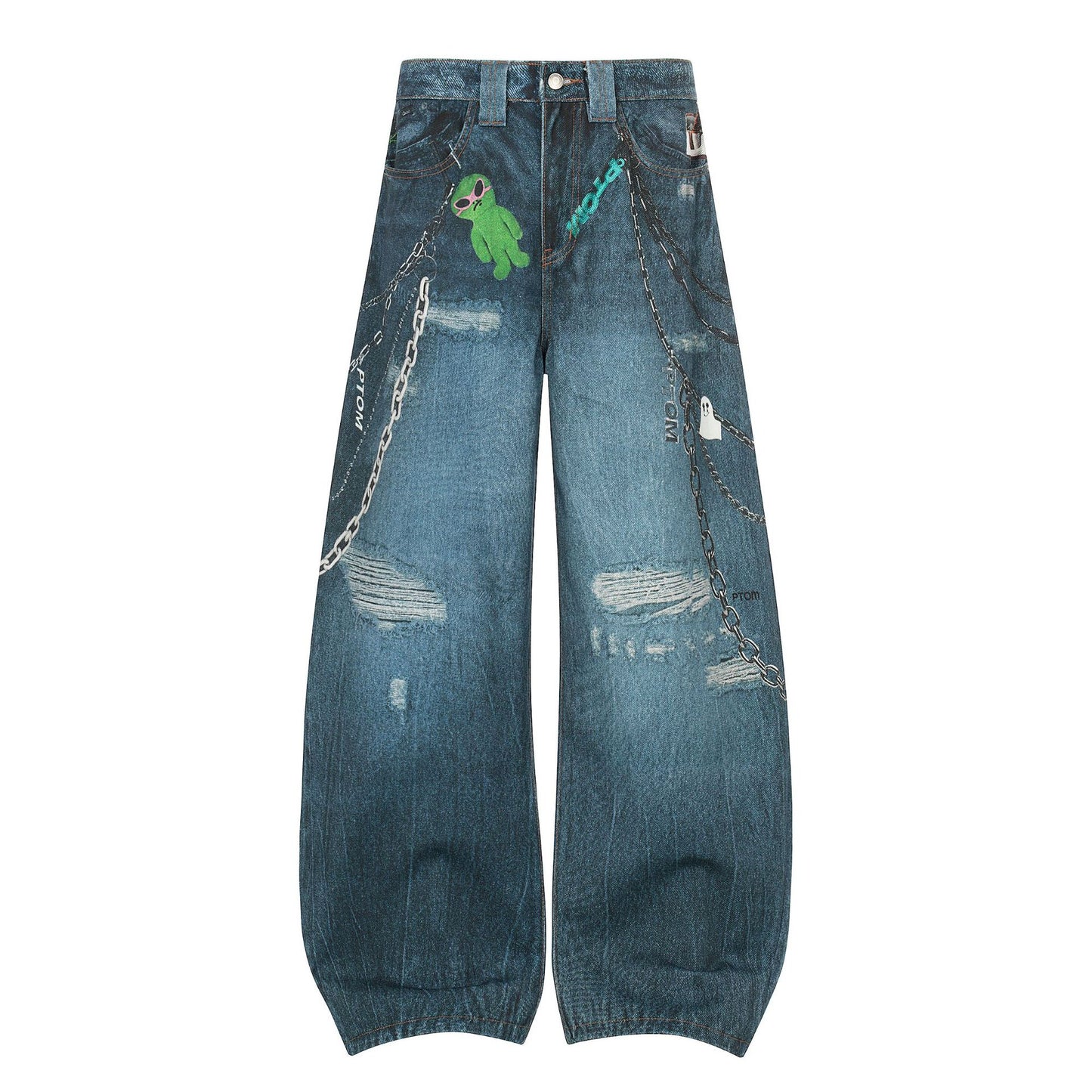 Washed 3D Print Curved Wide Leg Denim Jeans WN25920