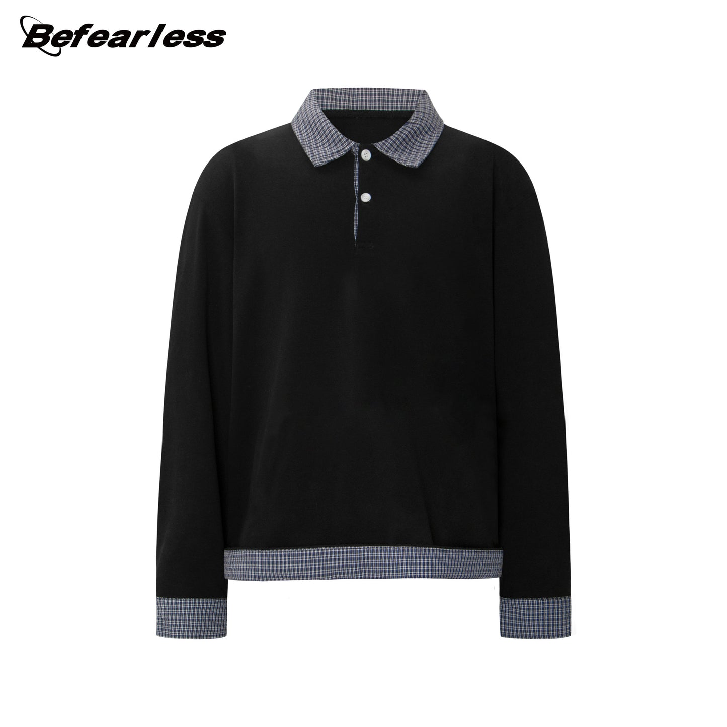 Heavyweight Plaid Fake Layered Polo-Collar Boxy Long Sleeve T-Shirt WN26323