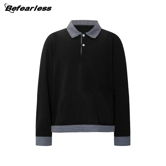 Heavyweight Plaid Fake Layered Polo-Collar Boxy Long Sleeve T-Shirt WN26323