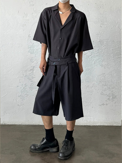 Cuban Collar Pleats Structured Short Sleeve Shirt WN19989