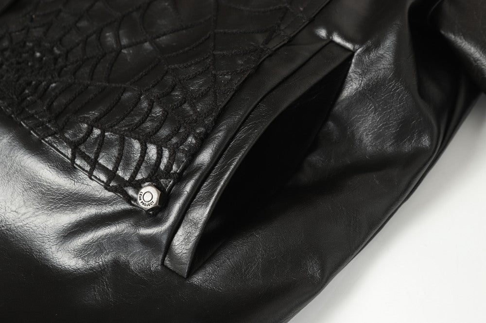 Shoulder-Pad Spider Web PU Leather Jacket Wide Leg Pants Setup WN27913