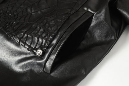 Shoulder-Pad Spider Web PU Leather Jacket Wide Leg Pants Setup WN27913