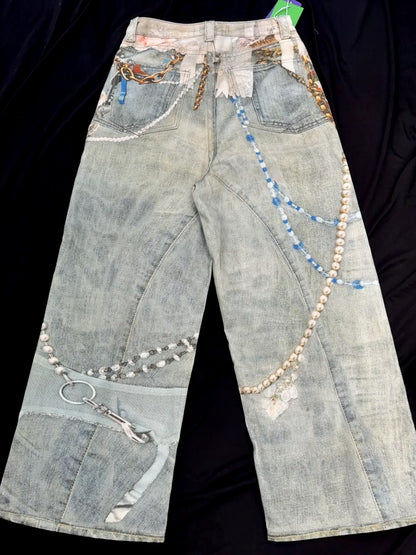 3D Print Washed Wide Leg Denim Jeans WN23038