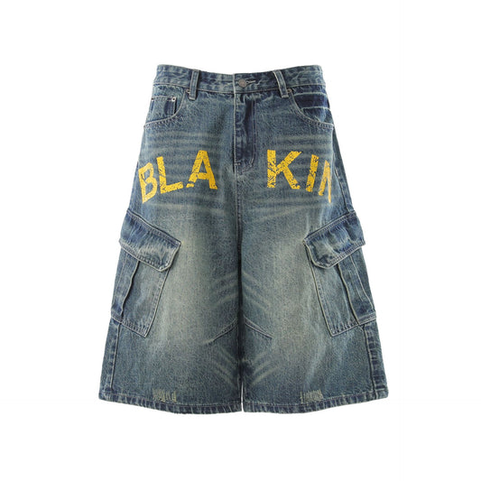 Washed Multi Pocket Letter Print Denim Half Jeans WN25994