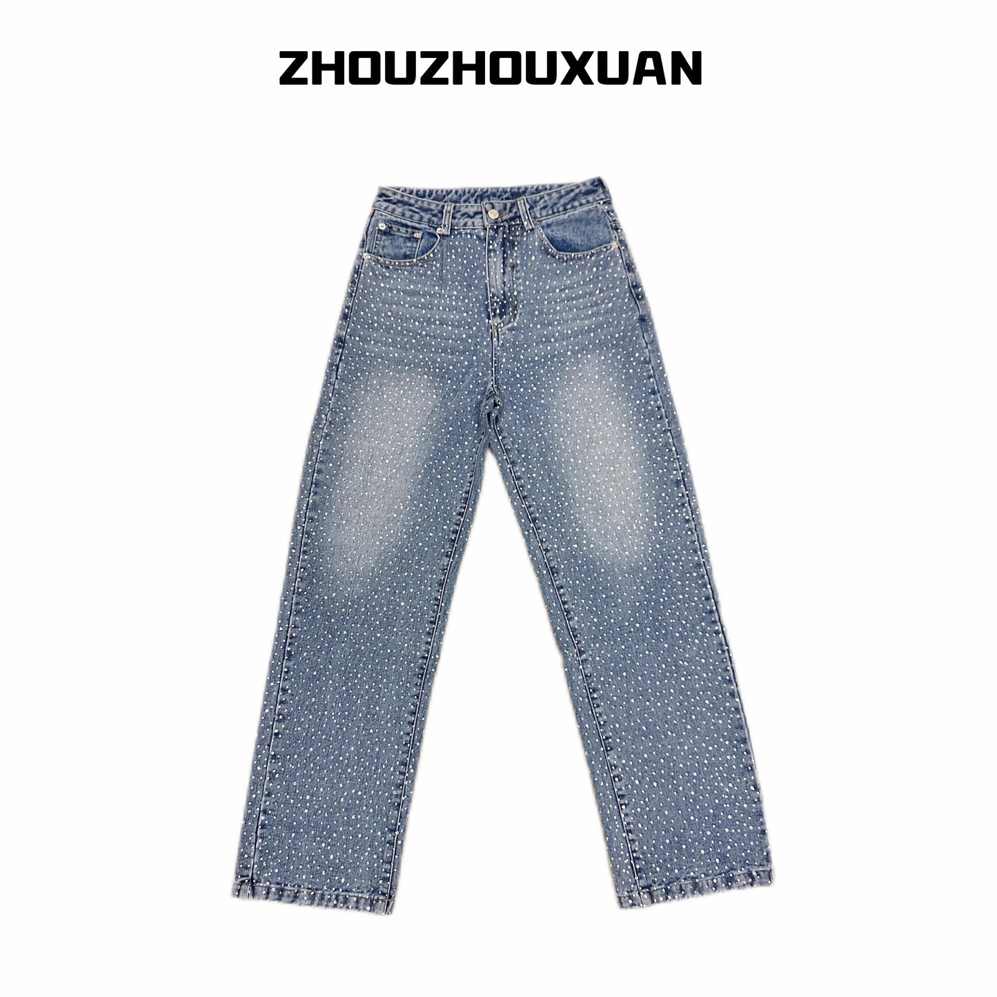 Rhinestone Star Wash Straight Denim Jeans WN20696