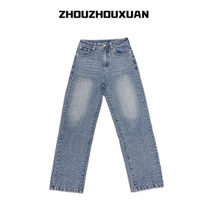 Rhinestone Star Wash Straight Denim Jeans WN20696