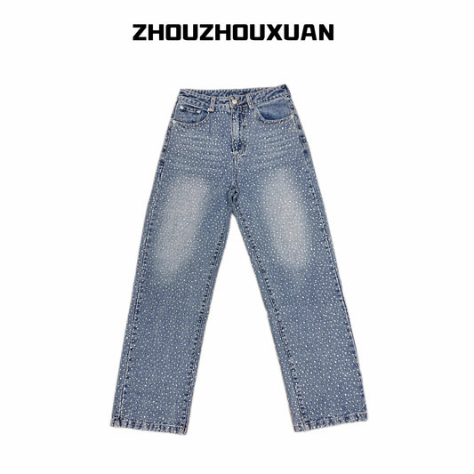 Rhinestone Star Wash Straight Denim Jeans WN20696