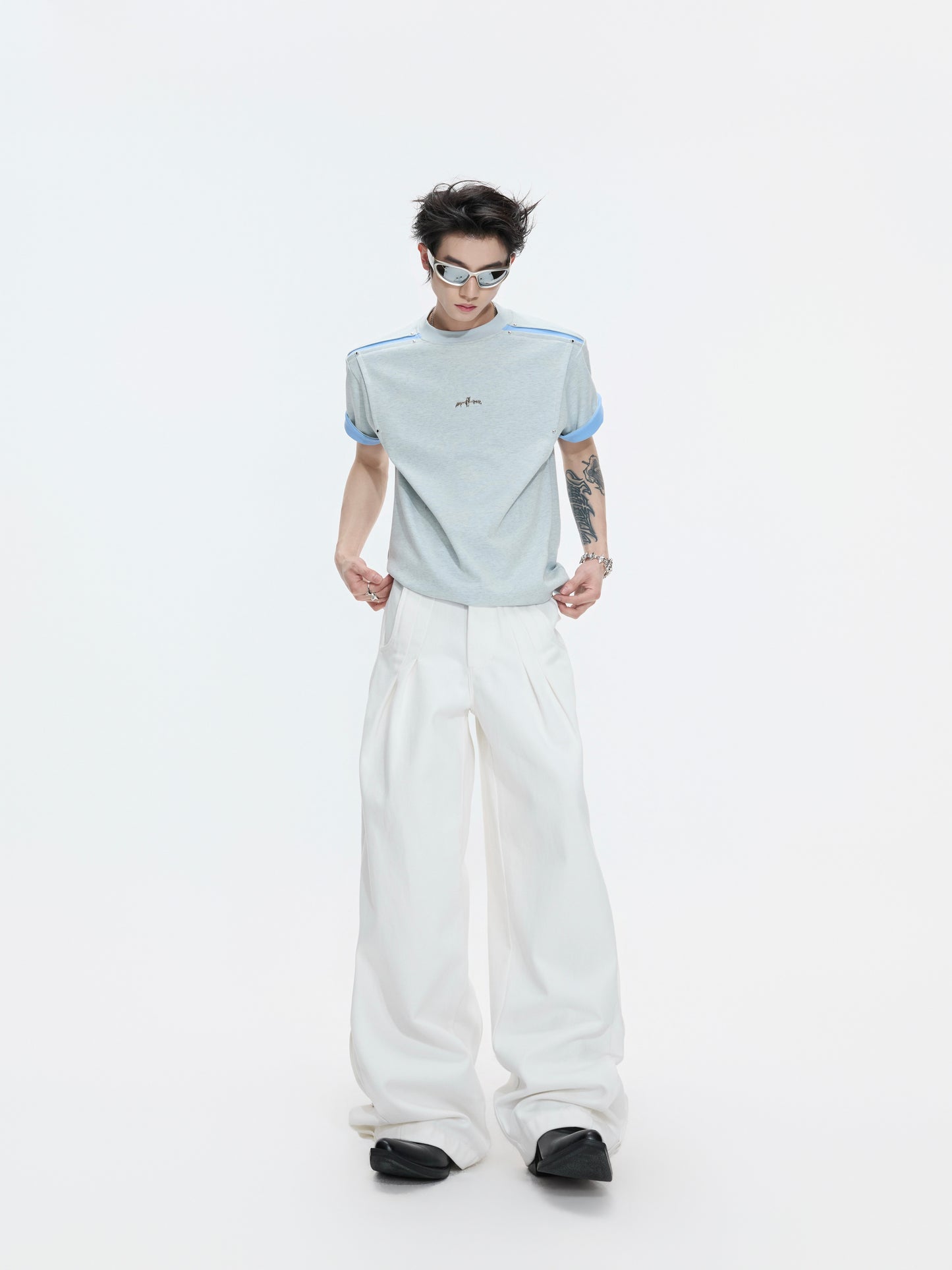 Contrast Panel Deconstructed Folded Sleeve Short Sleeve T-Shirt WN26995