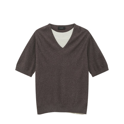 Fake Layered V-Neck Short Sleeve Summer Knit Sweater WN25035