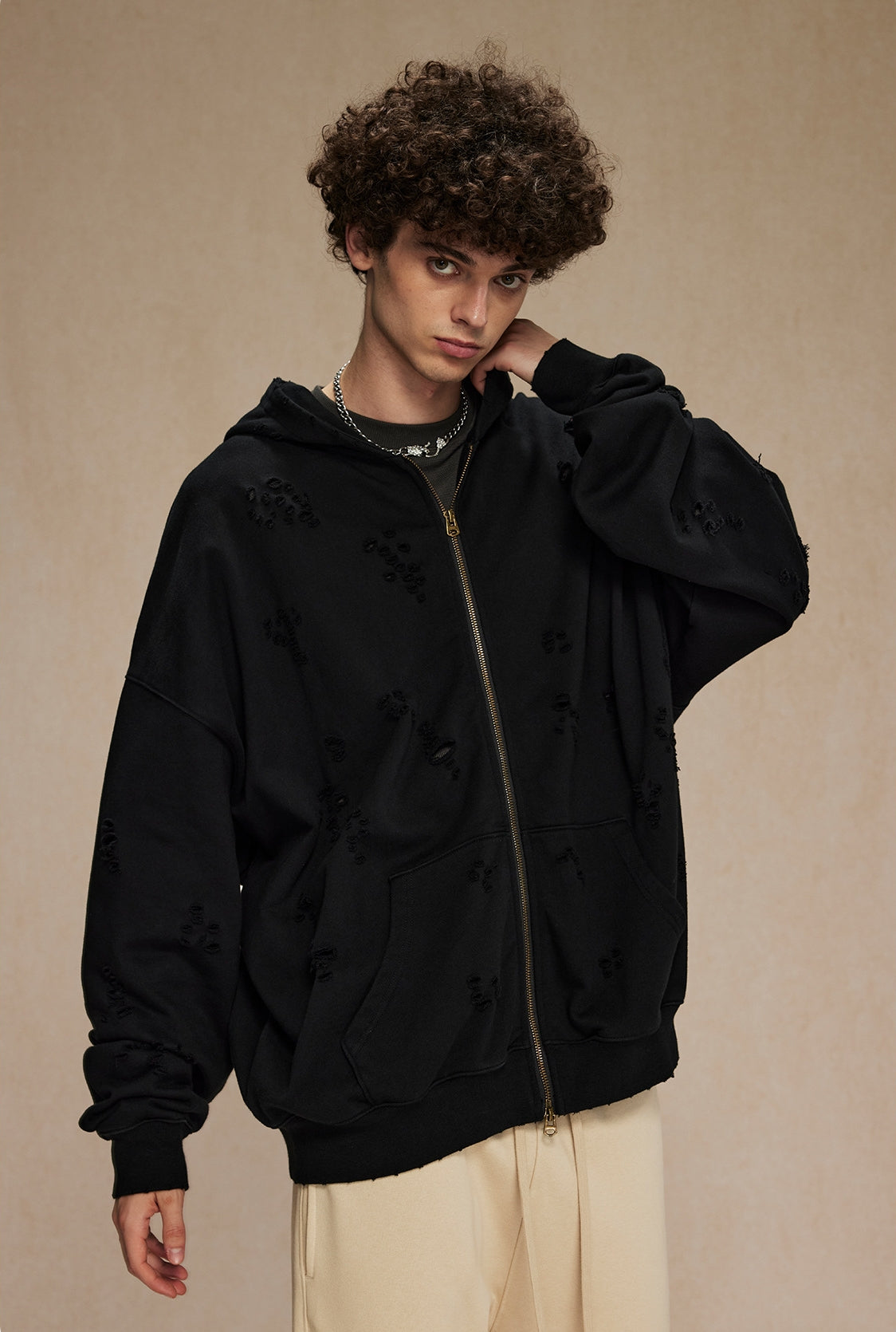 Oversize Damage Double Zipper Hoodie WN9975