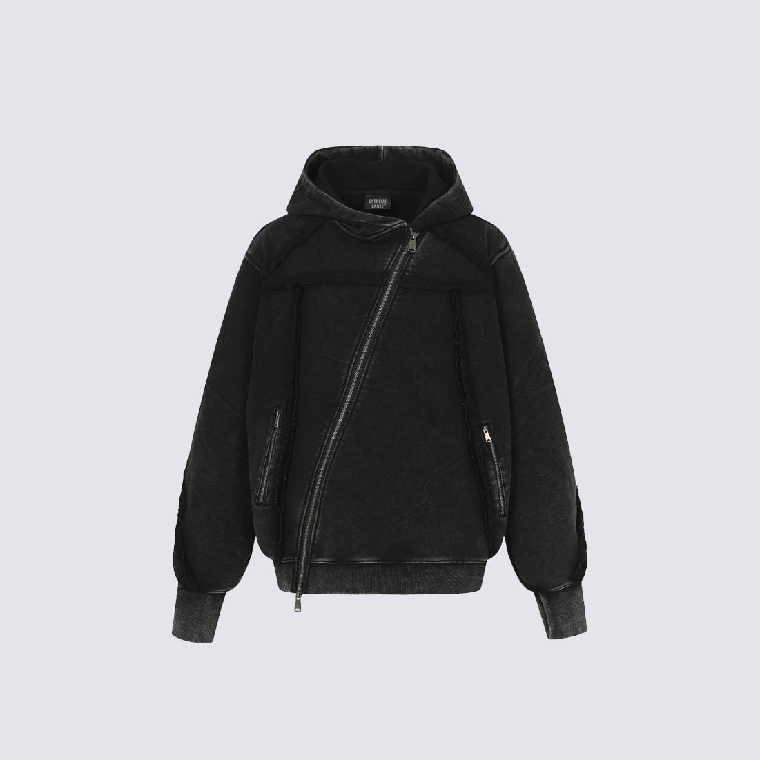 Diagonal Zipper Deconstructed Washed Oversize Hoodie WN27849