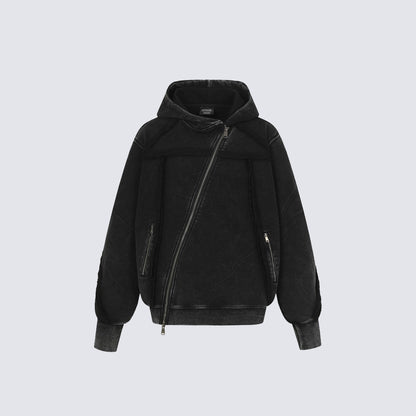 Diagonal Zipper Deconstructed Washed Oversize Hoodie WN27849