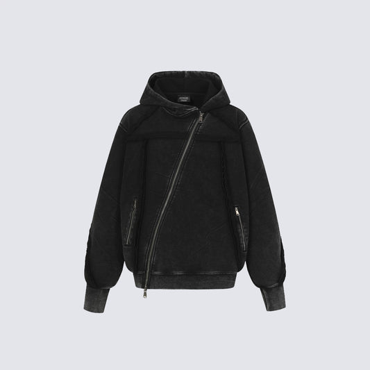 Diagonal Zipper Deconstructed Washed Oversize Hoodie WN27849