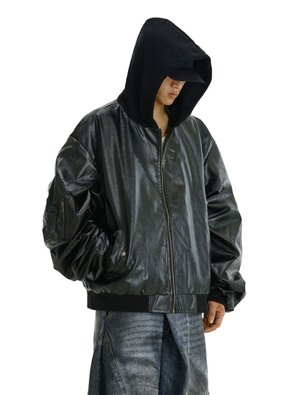 Hooded PU Leather Short Windproof Bomber Jacket WN10611