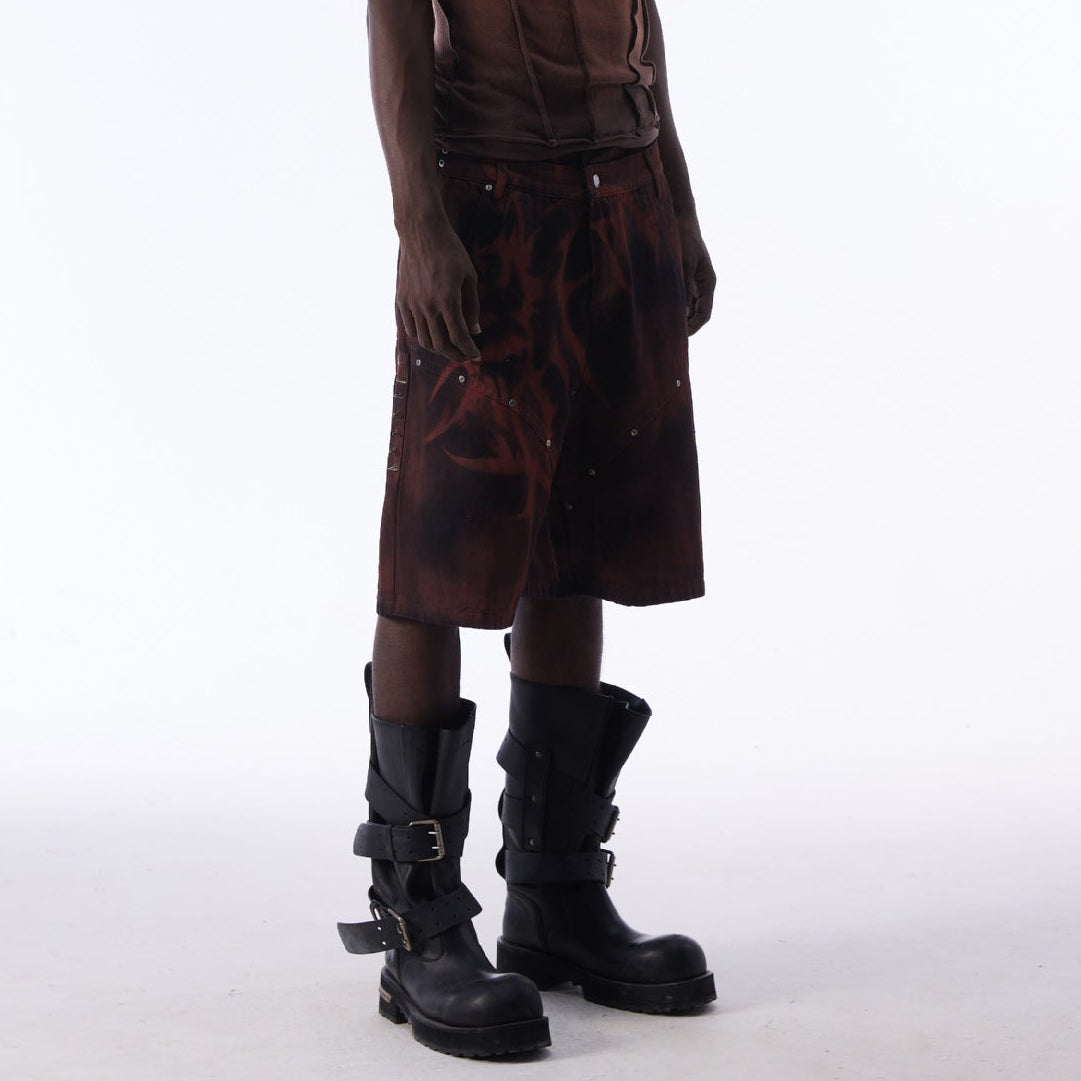Washed Graffiti Dirty-Dye Denim Half Pants WN25741